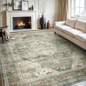 lot 7016 image: AMOAMI Vintage Soft Green Area Rug - 9x12, Non-Slip, Washable for Living Room, Bedroom, Dining Room, Office