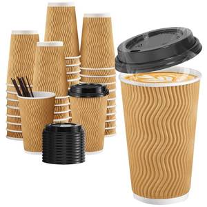 lot 7017 image: SIUQ 16 oz Coffee Cups-90 Pack Disposable Coffee Cups with Lids and Straws, Insulated Ripple Wall To Go Paper Coffee Cup for Coffee, Juice, Hot Chocolate and Hot Tea Drinks - Champagne