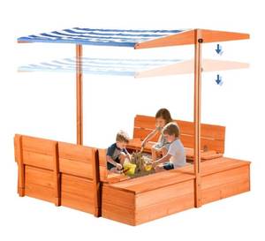lot 7044 image: Kids Wooden Outdoor Sandbox with Cover Sand Boxes with Canopy and Foldable Storage Bench Seats, Sand Table with Protection Bottom Liner,Kids Play Equipment for Outdoor(47X47Inch)