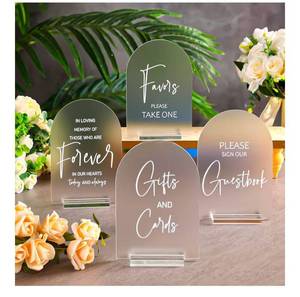 lot 7207 image: 4 Pcs Clear Acrylic Wedding Sign for Ceremony Reception 5 x 7 Frosted Arch Wedding Signage Decor with Stand Guestbook Cards