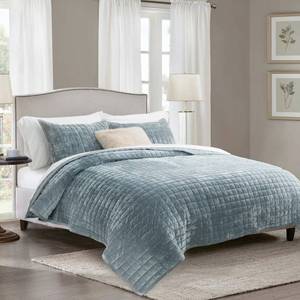 lot 7234 image: RECYCO Luxury Velvet Quilt Set Full Queen Size Bedding Sets, Ultra Soft Velvet Comforter Set, Lightweight Channel Box Stitch Oversized Bedspread Coverlet for All Season, with 2 Shams, Blue Linen