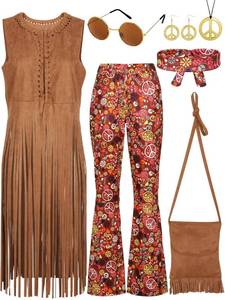 lot 7240 image: SOMSOC 7 Pieces 60s 70s Women Hippie Costume Fringe Vest Bag Pant Headband for Disco - Large