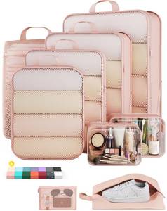 lot 7243 image: Veken 911 Set Compression Packing Cubes for Travel Essentials,Compressible Expandable Luggage Suitcase Organizer Bags with Travel Wallet,Space Saver Bags with Over 1000 pcs of Mesh Holes(Beige)