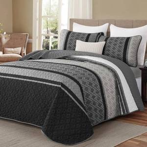 lot 7248 image: Dinjoy King Size Quilt Set Boho, Soft 3 Pieces Striped Fall Bedspreads Dark Grey Quilts Bedding Sets Boho Lightweight Quilted Coverlets Set Black for Men Bed 110x90