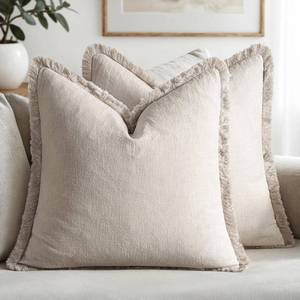 lot 7251 image: MIULEE Decorative Throw Pillow Covers Neutral Linen Fringe Throw Pillows Set of 2 Natural Beige Boho Farmhouse Cushion Covers with Tassels for Couch Sofa Bed Spring Home Decor 20x20 Inch