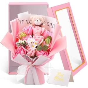 lot 7254 image: Suncalla Rose Flowers Bouquet with Bear and Gift Box 11 Scented Soap Flowers Artificial Rose Bouquet for Women Mom Birthday Anniversary Wedding Gift, 12.6 x 7.1 Inches(Pink)