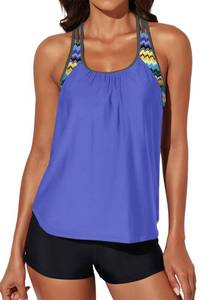 lot 7255 image: Aleumdr Women Striped Blouson Swimwear T-Back Tankini Top with Shorts Blue Large 12 14