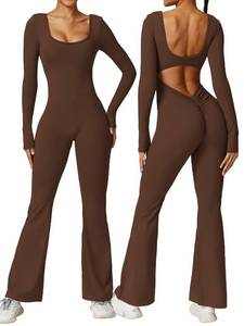 lot 7271 image: Vertvie Women Flare Jumpsuits Long Sleeve Sexy Backless Padded Bodycon Rompers Scrunch Butt V Back Playsuit Workout Bodysuit(Coffee,Large)