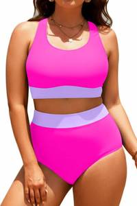 lot 7281 image: Aqua Eve Plus Size Two Piece High Waisted Bikini Swimsuits Scoop Neck Bikini Set Sporty Bathing Suits Hot Pink 14W