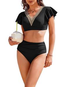 lot 7285 image: AIMAGE High Waisted Bathing Suit for Women Tummy Control Womens Bikini Set Ruffle V Neck Two Piece Swimsuit 2025, Leopard, M