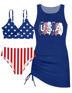 lot 7286 image: KANGKANG Girls 4th of July Swimsuit Girls Swimsuit Size 10 4th of July Bathing Suit Size 8-10 Swimwear USA Flag Bikini with Cover Up Blue
