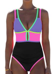 lot 7287 image: popvil Women One Piece Swimsuit 2026 Tummy Control Sexy Cutout Neon Color Block Bathing Suit Slimming Adjustable Swimwear, Purple Large