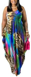 lot 7289 image: Womens Casual Maxi Dress Sleeveless Tie Dye Spaghetti Strap Summer Plus Size Swing Sundress with Pockets 5X Blue Leopard