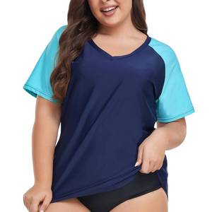lot 7290 image: FOREYOND Plus Size Rash Guard Shirt for Women Short Sleeve Swimingsuit Top UV UPF 50 Sun Protection Summer Swim Shirts Blue XL