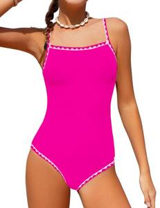 lot 7292 image: WIQI Girls Swimsuit Size 8 10 One Piece Girls Bathing Suits Size 8-10 Pink Color Contrast Trim Kids Swimwear with Cover Up Skirt