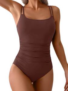 lot 7299 image: Eomenie One Piece Swimsuit for Women Tummy Control Ruched Bathing Suit Push Up Slimming Swim Suit Double Straps Swimwear Brown Large