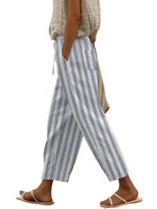 lot 7303 image: chouyatou Womens Vintage Floral Print High Elastic Waist Wide Leg Capri Beach Palazzo Pants with Pockets (X-Small, Striped Blue)