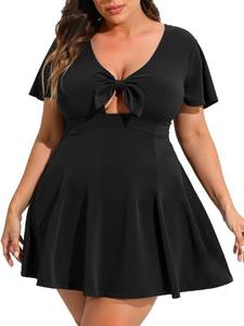 lot 7305 image: Smismivo Plus Size Swim Dress One Piece Swimsuit Slimming Bathing Suit Swimdress with Skirt Retro Vintage Short Sleeve Padded Swimwear for Curvy Women Black XXXXL