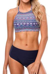 lot 7306 image: CharmLeaks Women High Neck Bikini Tribal Swimwears 2 Piece Swimsuits Set Halter L