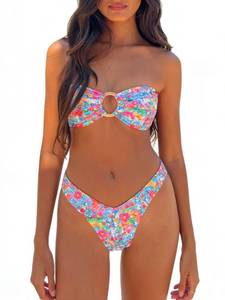 lot 7312 image: Alyweatry Women Floral Bandeau Bikini Set O Ring Strapless Tie Back Bikini Top High Cut Cheeky Thong Bathing Suit (Colorful Floral, S)