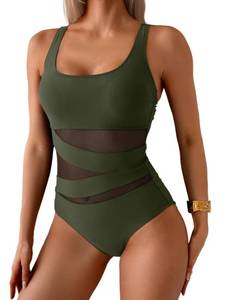 lot 7314 image: B2prity Womens Mesh One Piece Swimsuit Tummy Control Sexy Bathing Suit Push Up Swim Suit Slimming Swimwear Army Green Black Medium