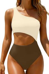 lot 7316 image: Yonique Womens One Piece Swimsuit- One Shoulder Bathing Suit Cutout Tummy Control Swimwear Beige Brown S