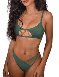 lot 7322 image: ZAFUL Womens Sexy Cutout Bikini Thong Bikini Set Tie Back Two Piece Swimsuit Bathing Suit (1-Q-Army Green,L)