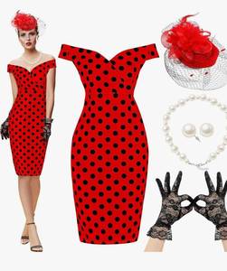 lot 7323 image: JenPen 5 Pcs Tea Party Dresses Vintage Rose Polka Dot Dress 1950s Derby Pencil Bodycon for Women Ladies Party Attire Medium