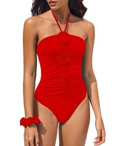 lot 7324 image: HYTENSUN Womens Ruched One Piece Swimsuit 3D Flower Halter Tie Back Floral Swimwear Bathing Suit Monokini, Medium, 120red