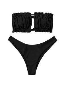 lot 7325 image: ZAFUL Multiway Frilled Textured String Tanga Bikini Set - Coffee S