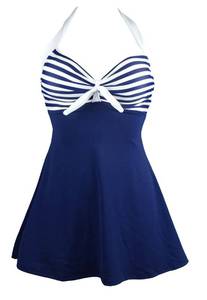 lot 7326 image: COCOSHIP White & Navy Blue Striped Vintage Sailor Pin Up Swimsuit One Piece Skirtini Cover Up Beachwear M(US8)