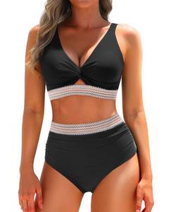 lot 7327 image: Yonique Womens Two Piece High Waisted Bikini Set Tummy Control Swimsuit Full Coverage Bathing Suit Cut Out-Black XL