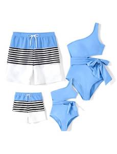 lot 7329 image: PATPAT Family Matching Swimsuits Mommy and Me One Shoulder Cutout Tie Waist Bathing Suits One Piece Swimwear Sets Light Blue Toddler Girl 2 Years