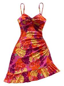 lot 7336 image: Floerns Womens Summer Tropical Twist Front Ruched Ruffle Hem Bodycon Cami Dress Orange X-Small