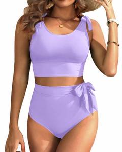 lot 7338 image: Two Piece High Waisted Swimsuits - Women Tummy Control Bikini Modest Bathing Suit 2PC 2025 Purple M