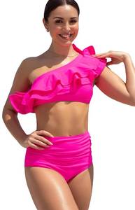 lot 7339 image: SPORLIKE Women High Waisted Swimsuit Flounce One Shoulder Bikini Padded Bathing Suit(Pink,Large)