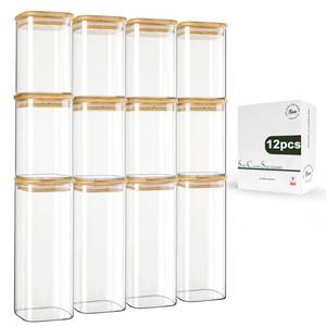 lot 7109 image: LIBWYS 12-Pack Square Glass Storage Jars with Bamboo Lids (0.6Qt1.06Qt) - Stackable Food Containers for Pantry Organization, Coffee, Flour, Snacks, Tea  Kitchen Canisters Set