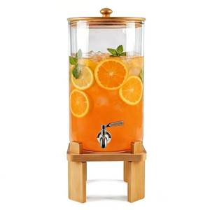 lot 7112 image: 2.3 Gallon Large Glass Drink Dispenser for Parties, Glass Beverage Dispenser with Wood Stand, Juice & Lemonade Dispenser, Iced Beverage Dispenser with Spigot, Water Dispenser for Party with lid