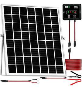 lot 7122 image: Solar Powered Battery Charger Trickle Maintainer, 20W 12V Solar Panel Kits MPPT Charge Controller with 8 Protections Function IP68 Waterproof for RV Trailer Marine Car Motorcycle (1, Black)