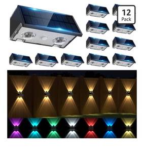 lot 7125 image: Solar Fence Lights Outdoor, 12 Pack Warm & Cool White RGB LED IP68 Waterproof Wall Mount Sconce Up & Down Solar Lights for Outside Garden Patio Backyard Garage Step��Black