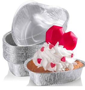 lot 7144 image: 27 oz Valentines Day Heart Shaped Cake Pan with Lid 7.4 Inch Aluminum Foil Disposable Cupcake Baking Pan Heart