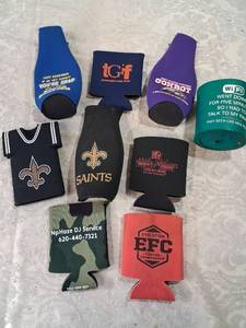 lot 42 image: Lot of 9 Assorted Neoprene Bottle Koozies Promotional