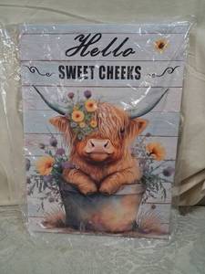 lot 83 image: Hella Sweet Cheeks Wall Art Sign Highland Cow Flowers
