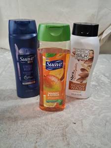 lot 89 image: Suave Men Stress Relief Body Wash 18 FL OZ, Suave Essentials Mango Citrus 18 FL OZ, Pro Silk Body Wash 24 FL OZ - Lot of 3
