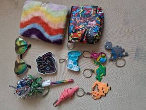 lot 119 image: Accessory Bundle Pouch Keychains Fidgets Sunglasses Notebook