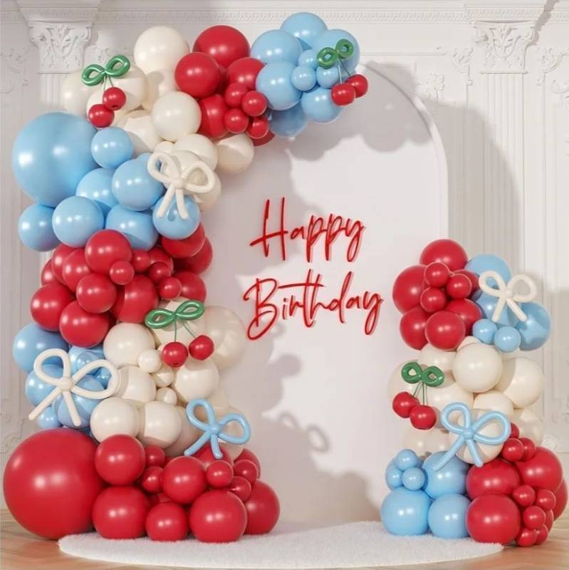 lot 63700 image: Cherry Red and Blue Balloon Garland Arch Kit,150pcs Bow Light Mist Blue Red White Balloons Arch Kit for Cherry Birthday Baby Shower Wedding Galentines Bridal Shower Party Decorations - Retail $16