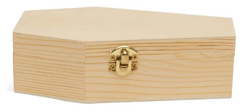 lot 63756 image: Halloween Coffin Treat Boxes 6 inch, Pack of 2 Wood Coffins for Crafts, Party Treat Trays, and Mini Coffin D�cor, by Woodpeckers - Retail $10