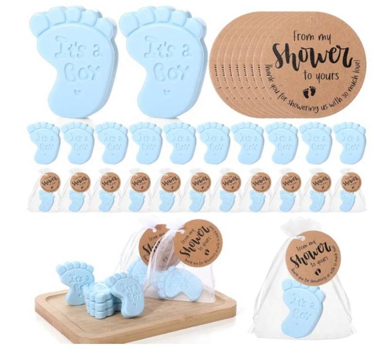 lot 17511 image: 50 Sets Baby Shower Soap Favors for Guests Boy Girl Mini Handmade Scented Soaps with Thank You Tags and Organza Bags for Shower Gender Reveal Party Favors(Blue Footprint, Its A Boy) - Retail $26