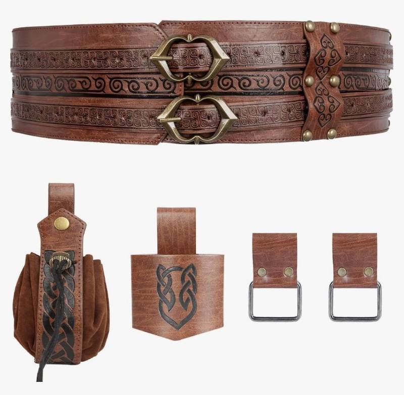 lot 28061 image: Medieval Viking Wide Belt - Renaissance Faux Leather Pirate Belt Pouch for Men & Women LARP, Halloween, Cosplay Party - Retail $30