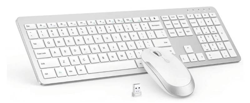 lot 63398 image: Wireless Keyboard and Mouse Combo - Full Size Slim Thin Wireless Keyboard Mouse with Numeric Keypad 2.4G Stable Connection Adjustable DPI (White & Silver) - Retail $34